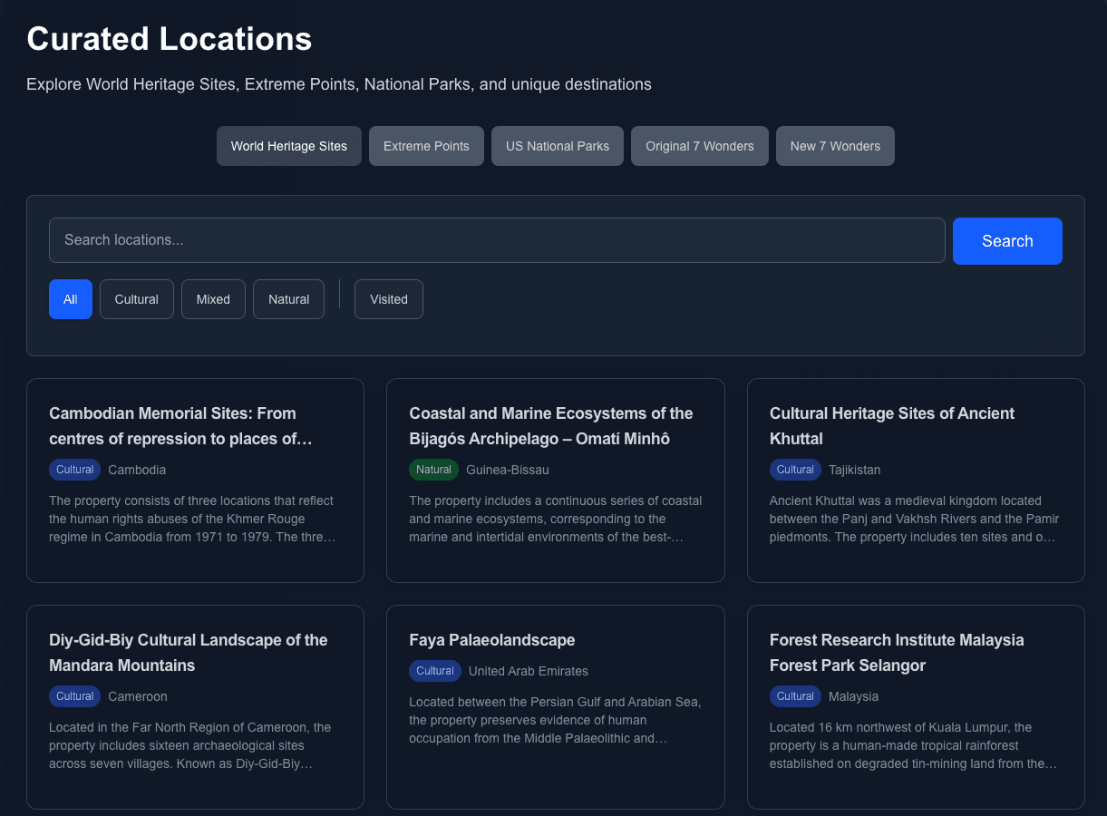 TravelTracker curated UNESCO World Heritage Sites interface showing a browsable list of global heritage sites