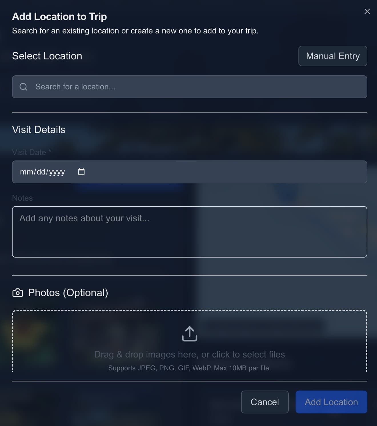 Location tracking interface showing search and selection of countries, states, and cities with autocomplete suggestions