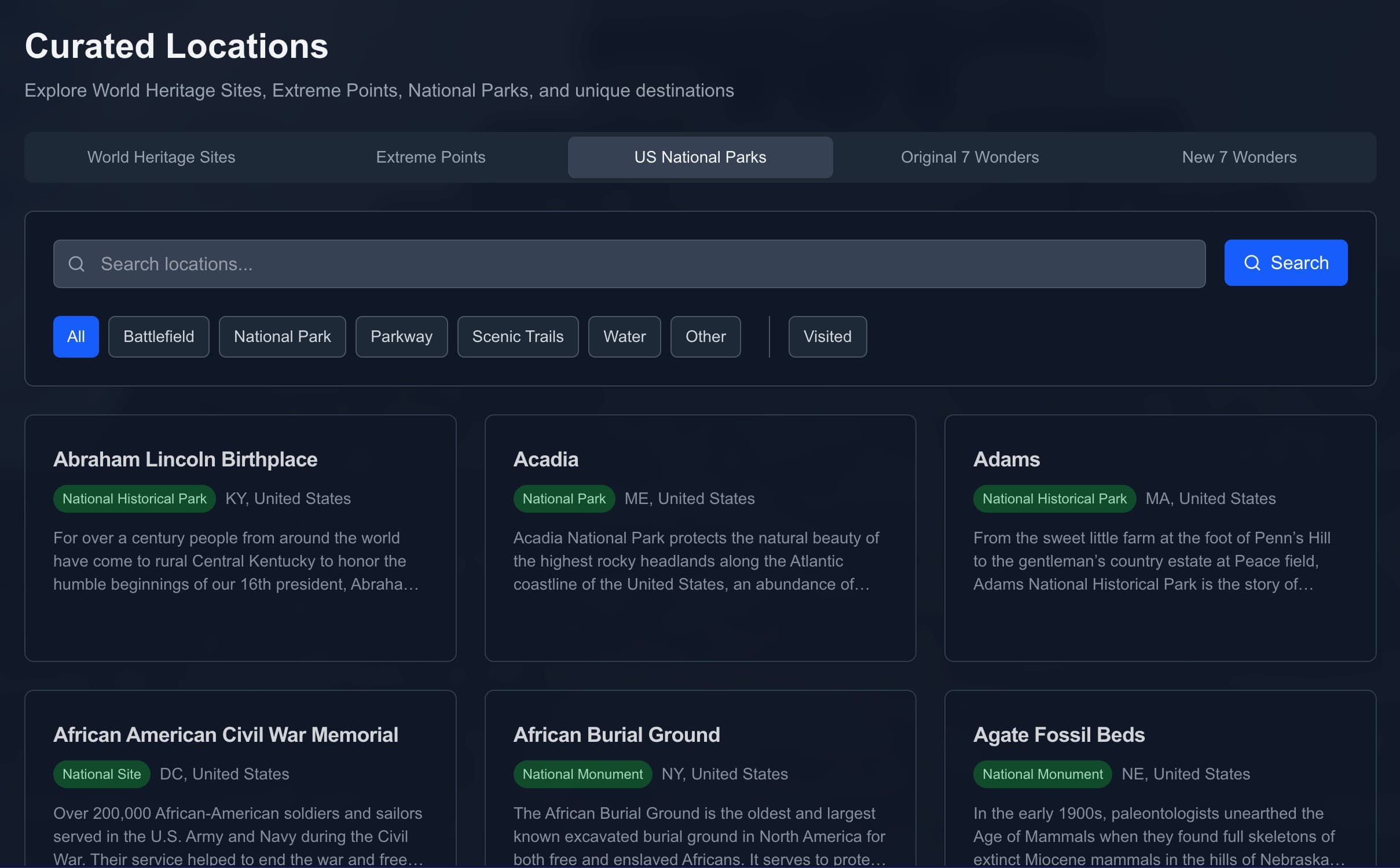 Curated locations interface showing grid of National Parks and UNESCO World Heritage sites with detailed information