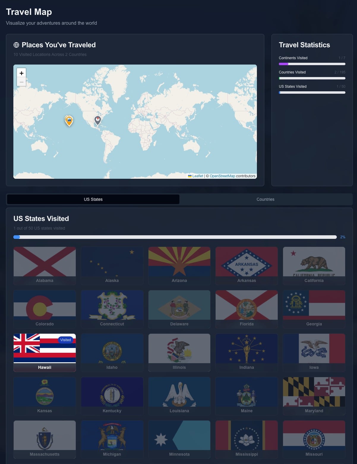 Interactive travel map in TravelTracker showing visited countries highlighted in color