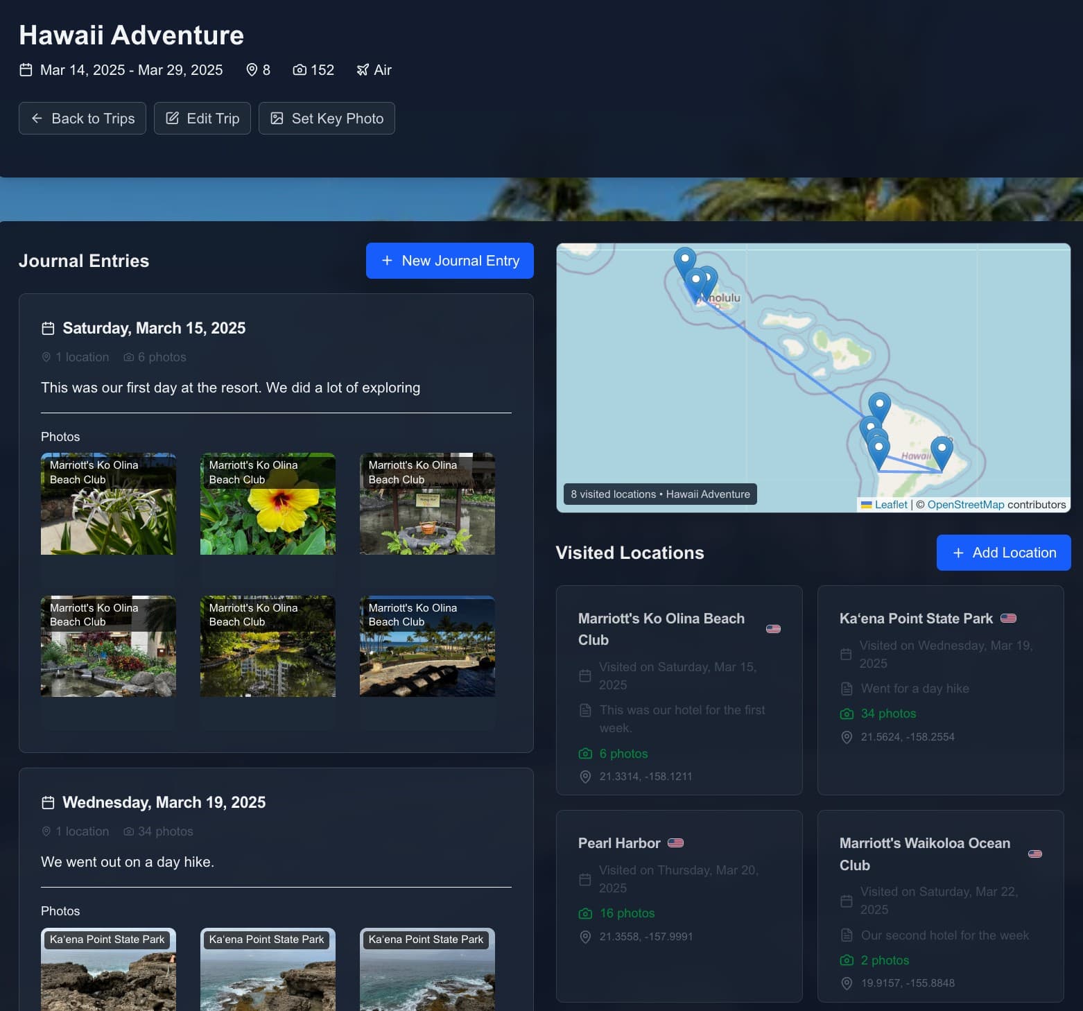 Trip management interface showing trip creation form with date picker, travel mode selection, and description fields for organizing travel adventures
