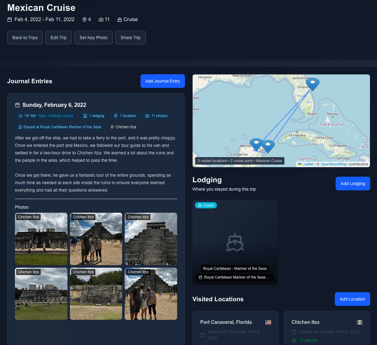 Digital travel journal interface showing a rich travel diary entry with location details and photos