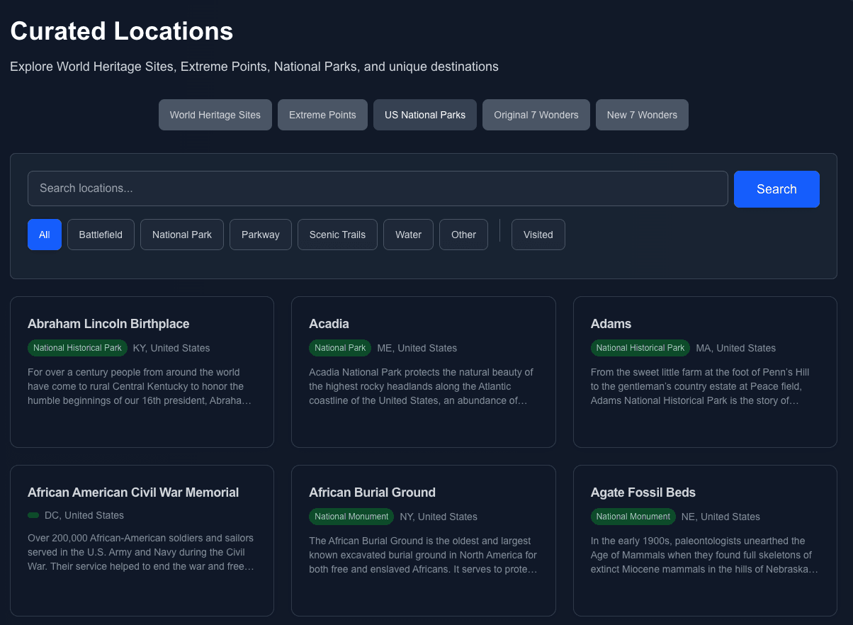 TravelTracker national parks interface showing a curated list of national parks with visit tracking and details