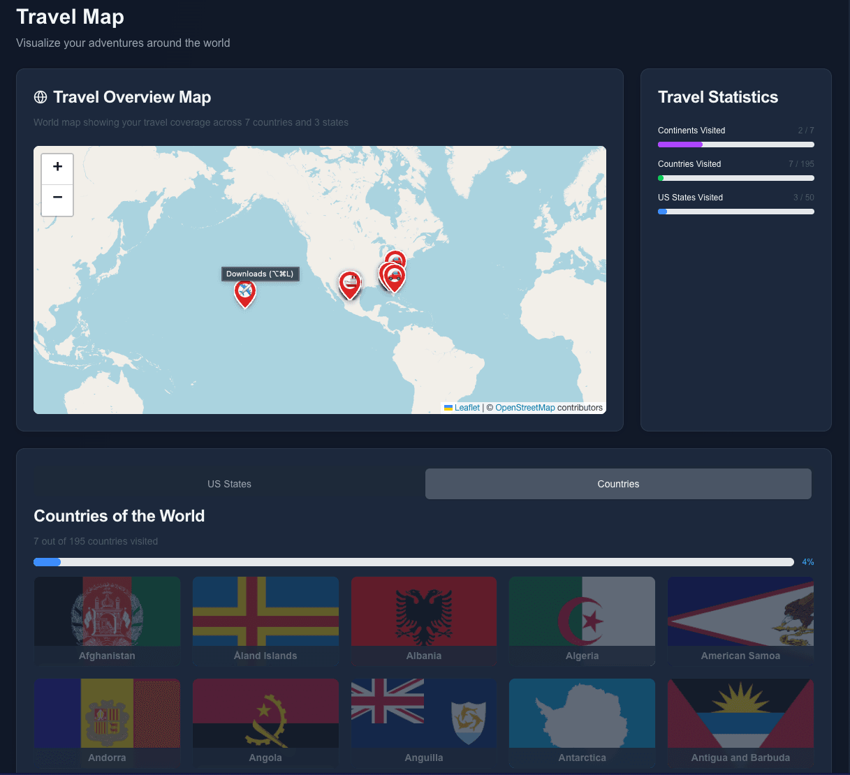 TravelTracker app interface showing countries visited on an interactive world map